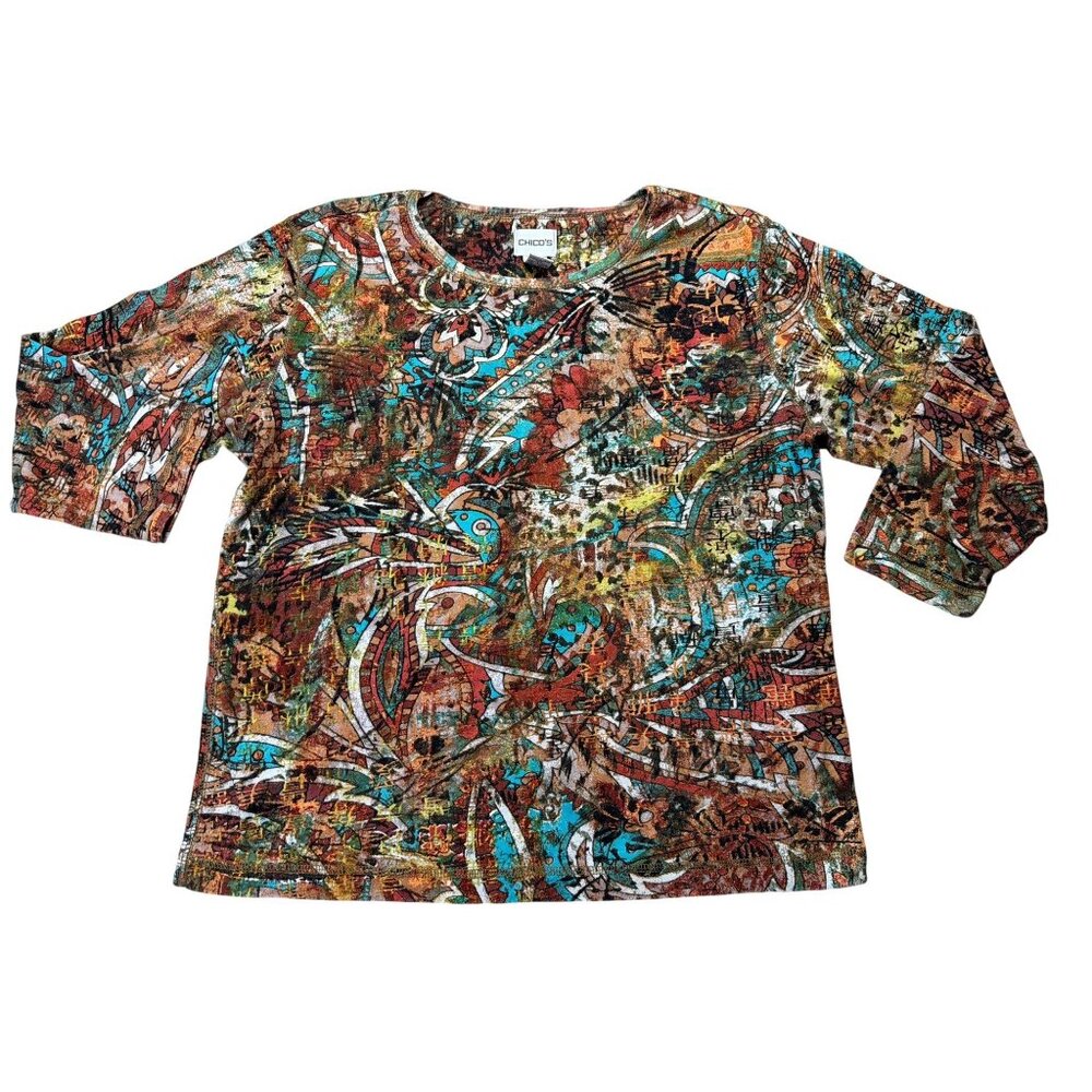 Chicos Multi-Color Printed 3/4 Sleeve Cotton Top Size 3